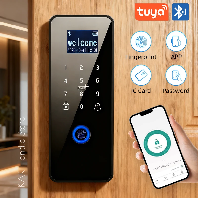 

KAK Tuya APP Fingerprint Lock Bluetooth Smart Glass Door Biometric Electronic Door Lock Remote Control Unlock Password Door Lock
