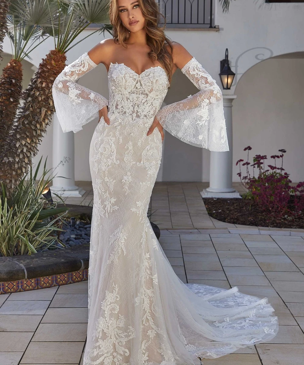 

Lorencia Lace Mermaid Wedding Dress Puff Sleeves Off Shoulder Sweetheart Bodycon Bridal Gown Bride Dress Vestido De Novia YMW102