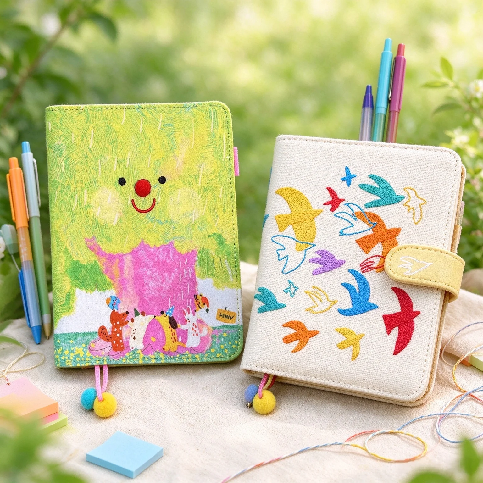 Kinbor A6 Canvas Embroidery Self Filling Planner Notebook,Kawaii Cartoon Illustrated Book,Journaling Scrapbook Stationery Gifts