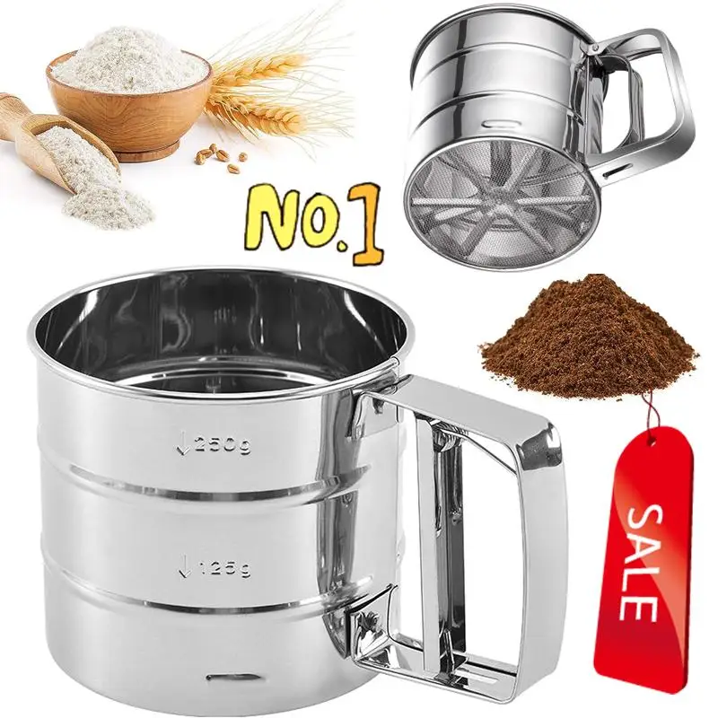 New Stainless Steel Flour Sieve Cup Powder Sieve Mesh Kitchen Gadget Cakes Hand-Screened Sugar Mesh Sieve Baking Sieve Strainer