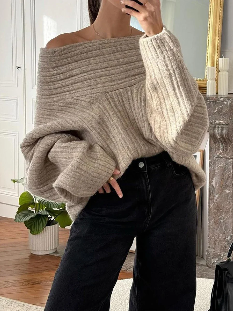 Women Loose Knit Autumn Winter Warm Sweater Solid Color Long Sleeve Boat Neck Off Shoulder Pullovers Female Jumpers Tops Coat