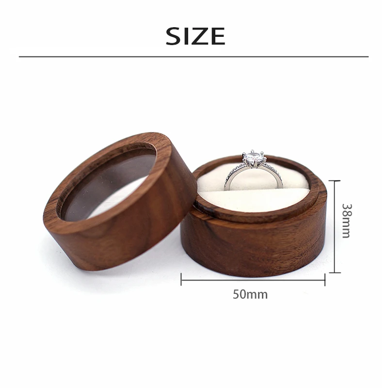 Personalized Wooden Engagement Ring Box Custom Wedding Round Black Walnut Doublt Slot Jewelry Case Anniversary Ring Proposal Box