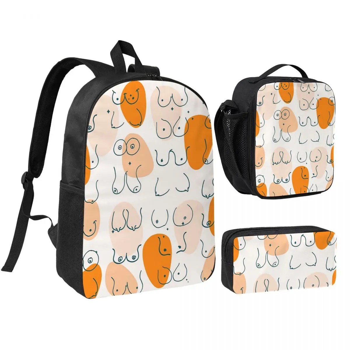 Geometric Beautiful Boobs Backpack Boys Girls BookBag School Bag Shoulder Bags 3ps Insulated Lunch Bag Pencil Case