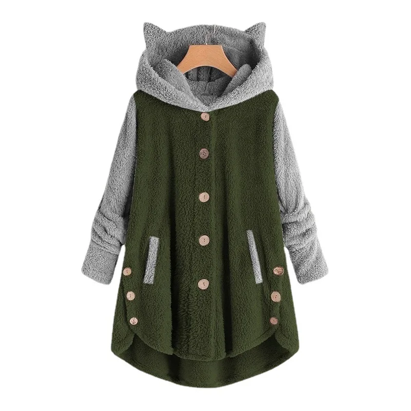 Ultraplush Jacket Asymmetrical Colorblock Streetstyle Jacket Buttoned Detailing Ultracozy Jacket Kitten Ears Hooded Coat