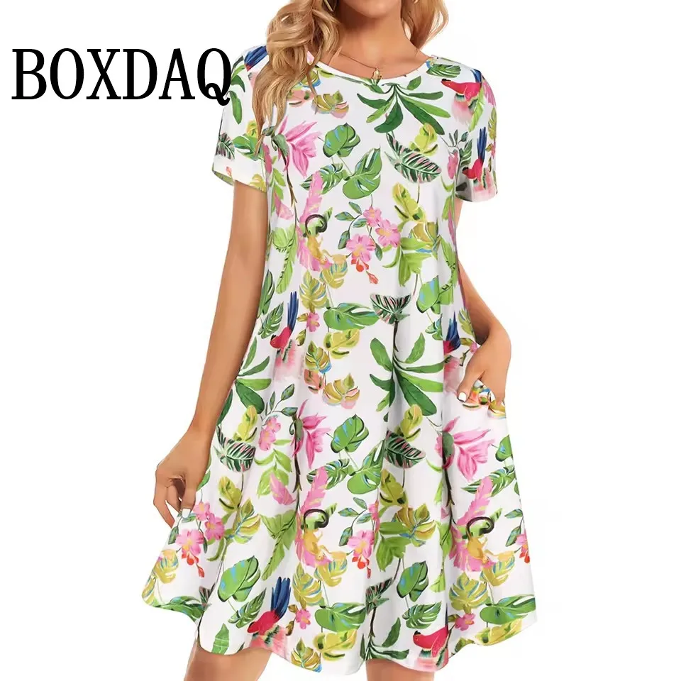 Summer Casual Dress Women Fashion O-Neck Loose Retro Flowers Printed Dress Elegant Vacation Short Sleeve A-Line Dresses Female