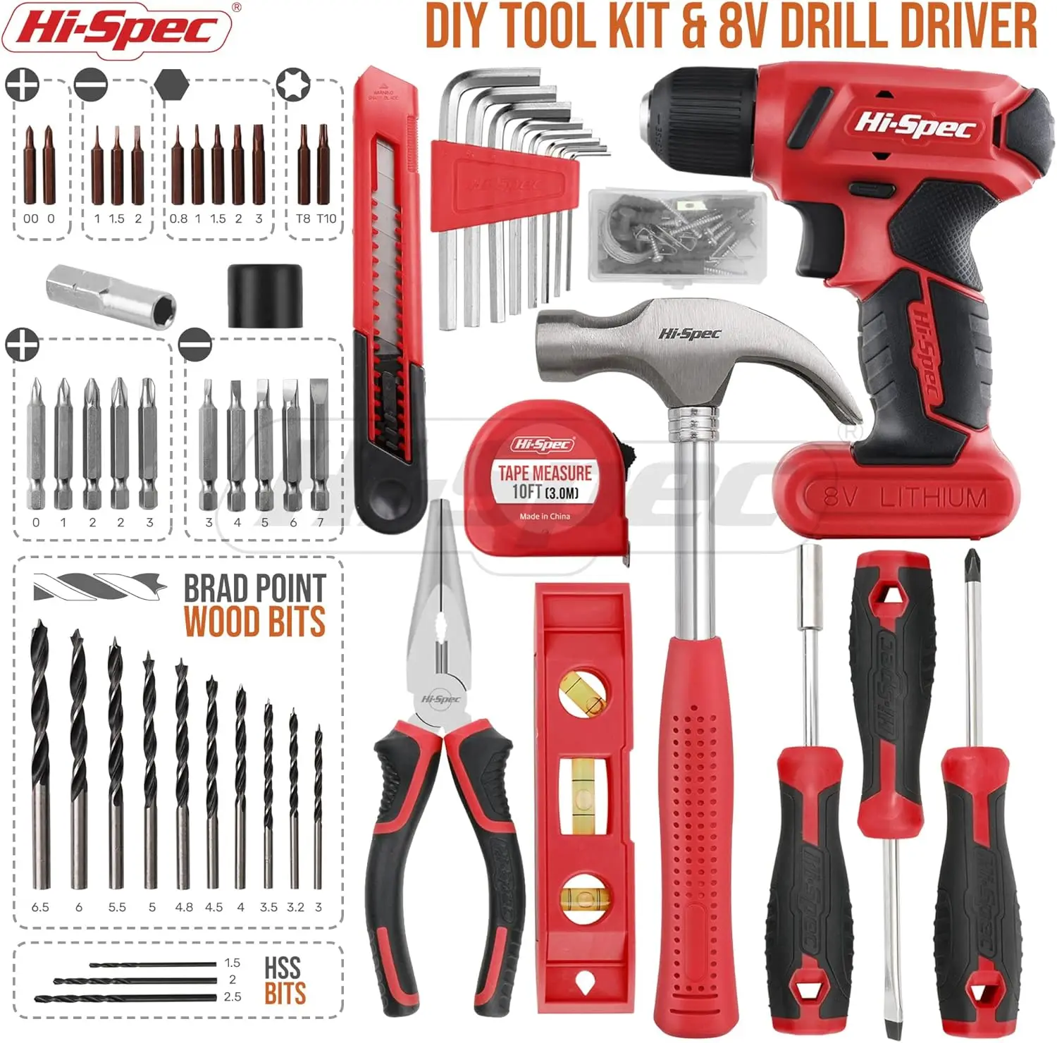 Hi-Spec 58pc Red 8V DIY Cordless Utility Electric Screwdriver. Electric Drill Driver & Household Tool Kit Set.