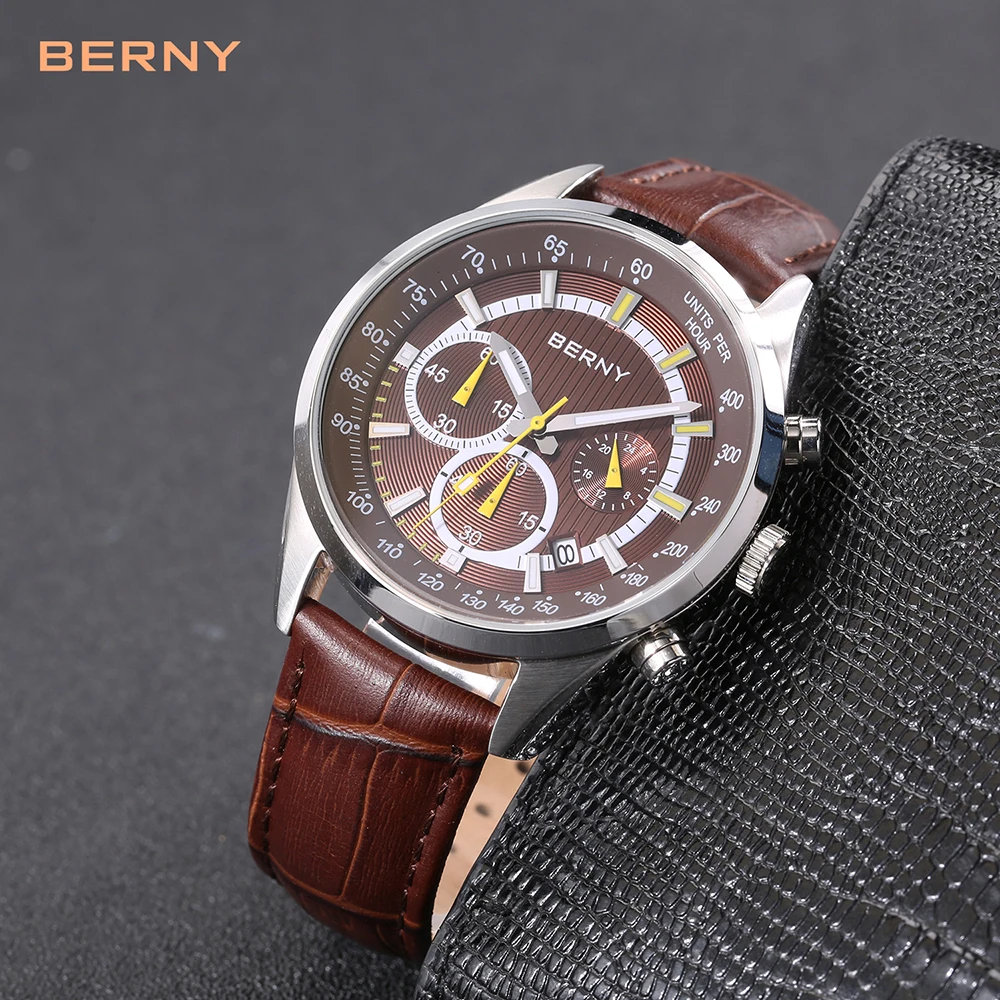 BERNY VD55 Quartz Sports Wristwatch Super Luminous Watch for Men Date Leather Strap Chronograph Mens Watches Top Brand Luxury