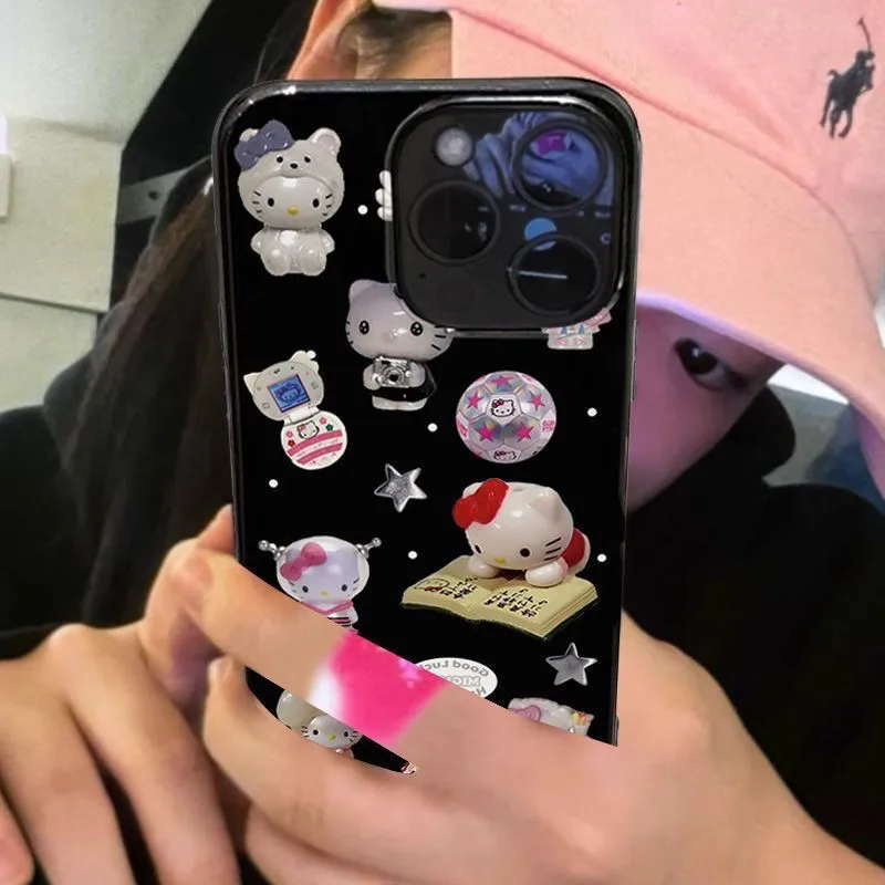 Funda de teléfono bonita de dibujos animados de Hellos Kittys negra estilo INS para iPhone 17 16 15 14 13 12 11 X XS 8 Air Pro Max Plus cubierta de doble capa