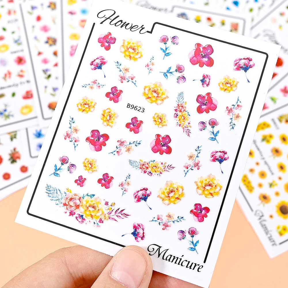 1Sheet Summer Flower Nail Art Stickers 3D Self Adhesive Sunflower Rose Design Nail Decals Colorful Floral Sticker For Nail Decor