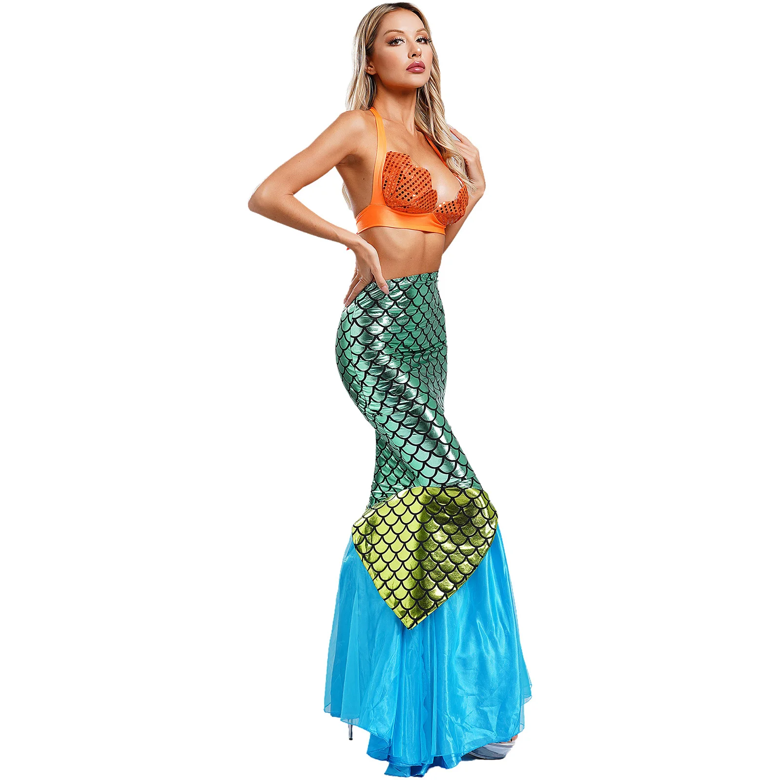 Womens Sexy Mermaid Cosplay Costume Scallop-shaped Cup Lace-up Bra Top with Fish Tail Maxi Skirt for Halloween Party Nightclub