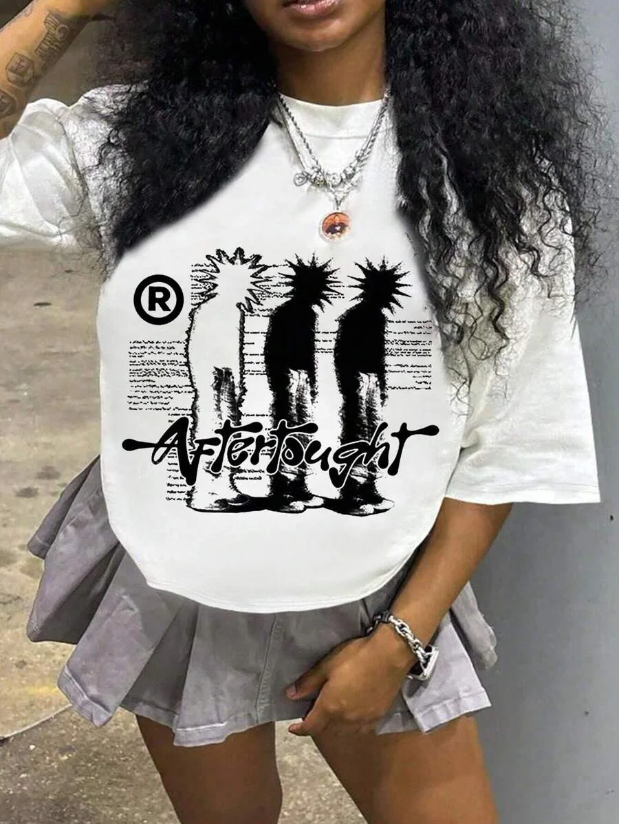 

Plus - Size Streetwear Graphic Tee, White Short - Sleeve with “Afterthought” Print