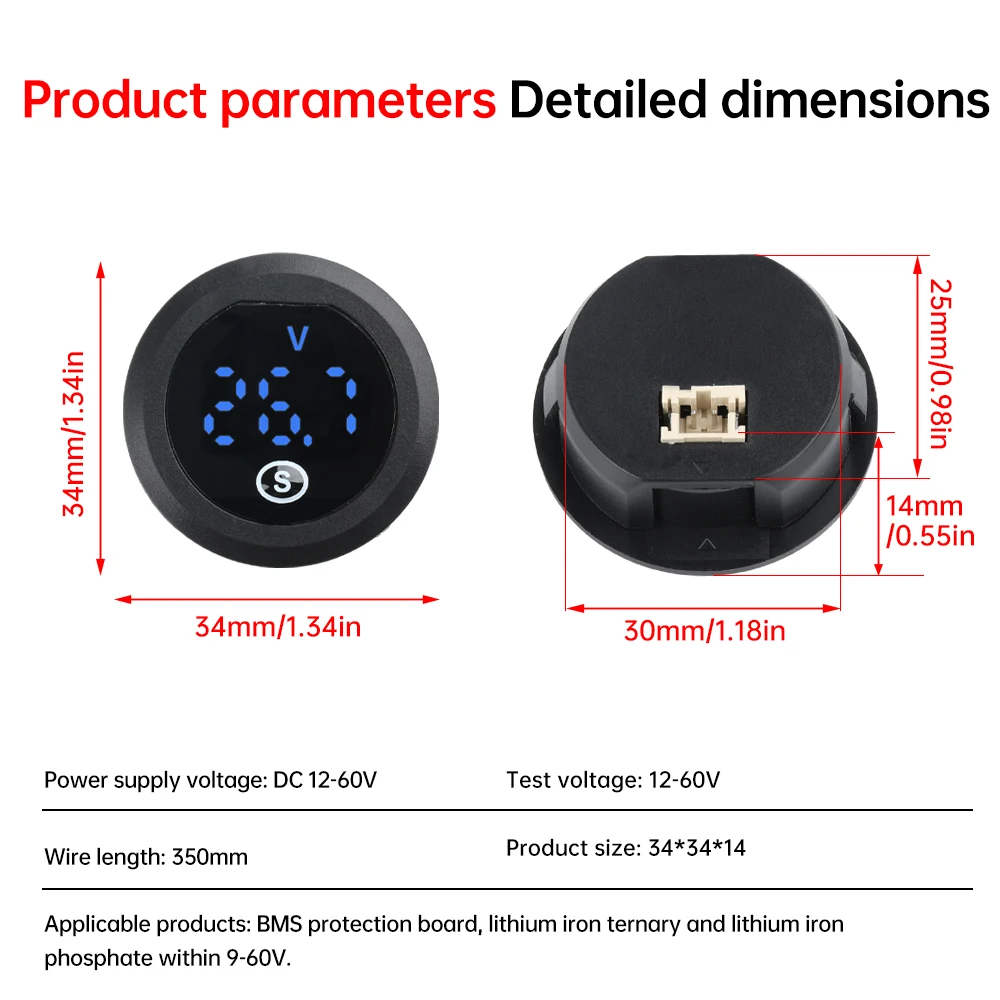 DC 12-60V Round Voltmeter Lead-acid lithium Battery Tester  2-Wire Circular Digital Power Indicator Monitor Voltage Tester