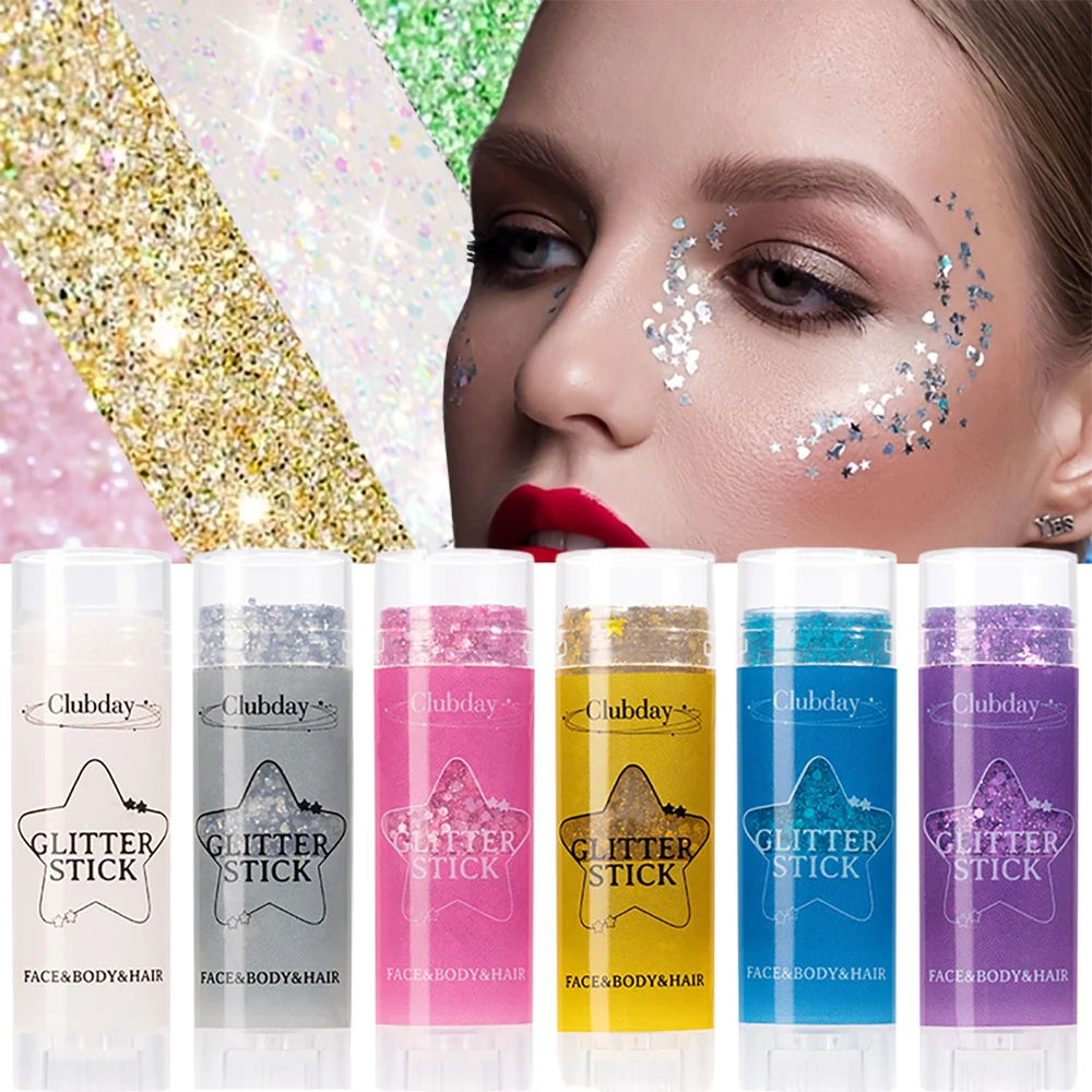 6 цветов, блестящая палочка для тела, тени для век для лица, волос, блестящий крем, сверкающий хайлайтер с блестками для концертного музыкального фестиваля, вечерние макияжа
