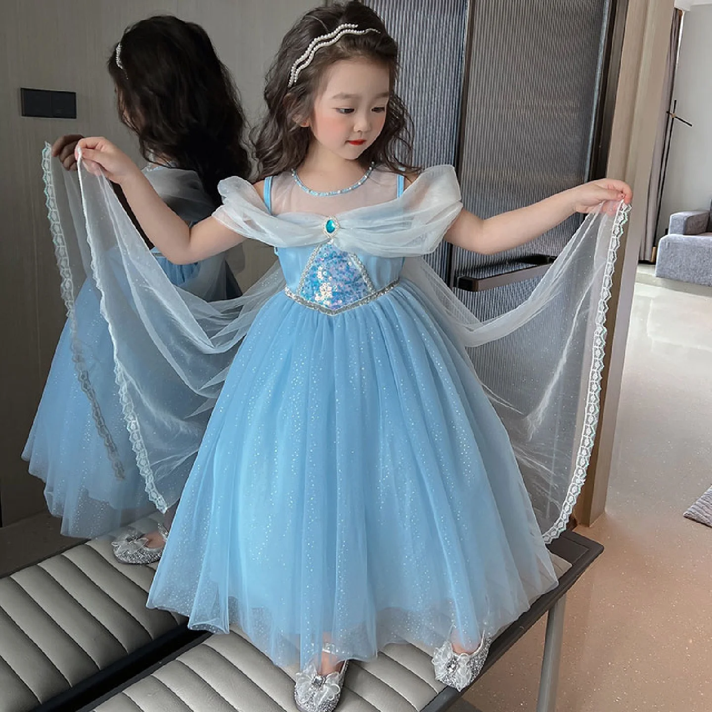 女の子用プリンセスドレス-夏-半袖-ふわふわスカート-子供の誕生日ドレス-アナと雪の女王-エルサ-綿ポリエステル生地