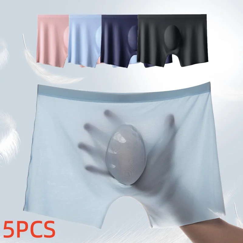 5 Stück/Set Herren Ultra-Dünne Eisseide Unterwäsche Sommer Kühle Boxershorts Bequeme Atmungsaktive Nahtlose Unterhosen Sexy Lingerie