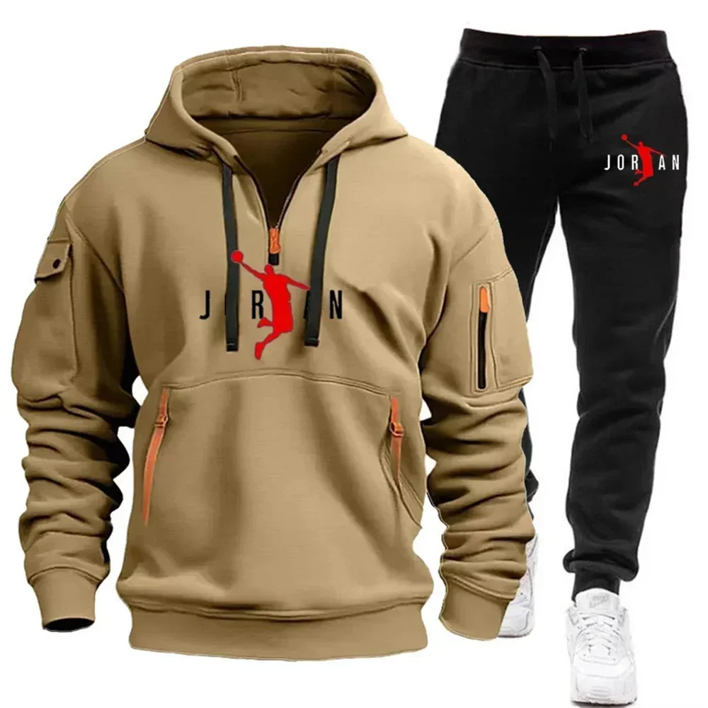 

Spring and Autumn Loose-Fitting Fashion Half-Zip Hooded Sweatpants Jogging Pants Sports Set Men's Casual Running Two-Piece Set