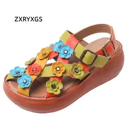 ZXRYXGS High Quality Microfiber Leather Classic Flowers Sandals Fashion Shoes 2024 New Summer Wedges Sandals Women Sandal Shoes