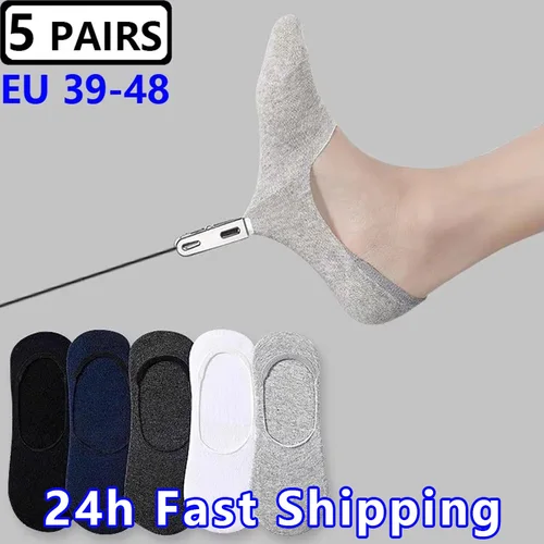 Imagen 1 del producto 5 pares de calcetines náuticos de talla grande 47,48 para hombre, calcetines grandes de verano antideslizantes de silicona invisibles, calcetines invisibles de algodón, medias deportivas negras