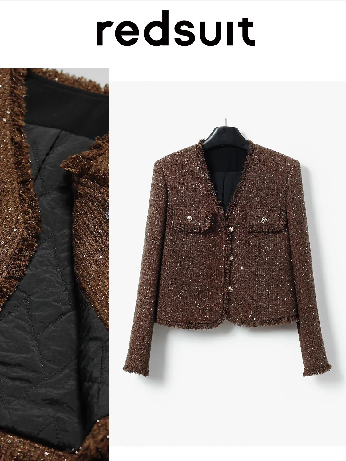 New Autumn winter cotton premium warm slimming coffee colored coarse tweed jacket top Custom size