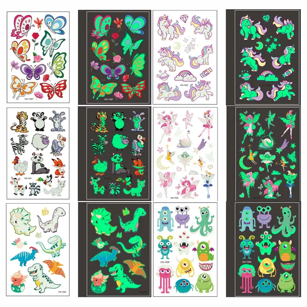 Children\'s Temporary Tattoos Cartoon Unicorn Luminous Tattoo Kids Boy Body Art Glitter Child Tattoo Sticker Waterproof Fake