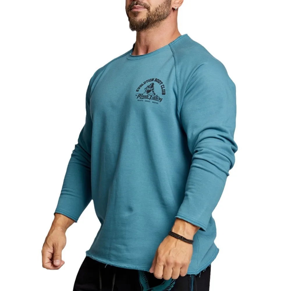 2024 New Spring and Autumn Men's Muscle Sports Running Gym Long Sleeve Cotton T-Shirt, Exercise Printed Rough Edge Design Top Bl