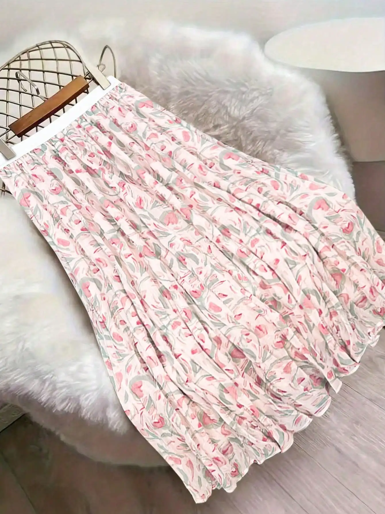 Women's Floral Print High Waist Long Pleated Skirt Summer 2026 Loose Elastic Woven Flowy Midi Skirt