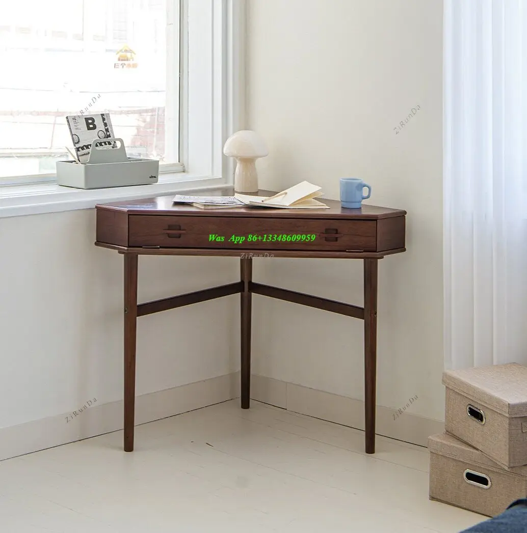 Retro Solid Cherry Wood Corner Desk L-Shaped Computer Desk for Study Room Walnut Color Corner Makeup Table Writing Desk