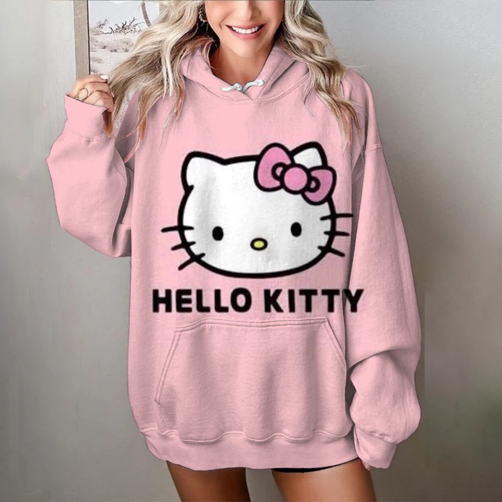 Autumn Winter Womens Casual Cute Hello Kitty print Long Sleeve Drawstring Pullover Tops Cute Style Hooded Sweatshirt 2024 