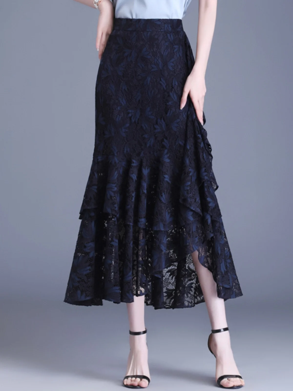 High Waist Lace Wrap Skirt Midi A-Line Gown Women\'s Summer 2026 New Style Slimming Asymmetrical Fish Tail Skirt