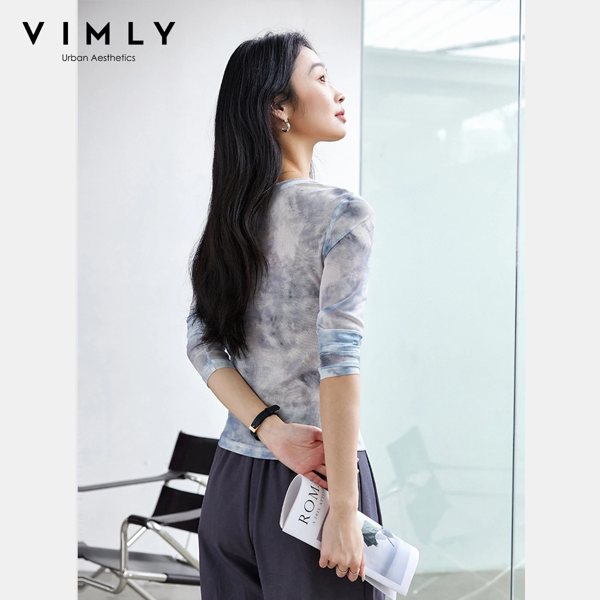VIMLY Woman Long Sleeve Gradient Mesh T-shirts 2026 Spring Autumn Slim Tees Bufferfly Printing Female Tops Ladies Clothes  A0382