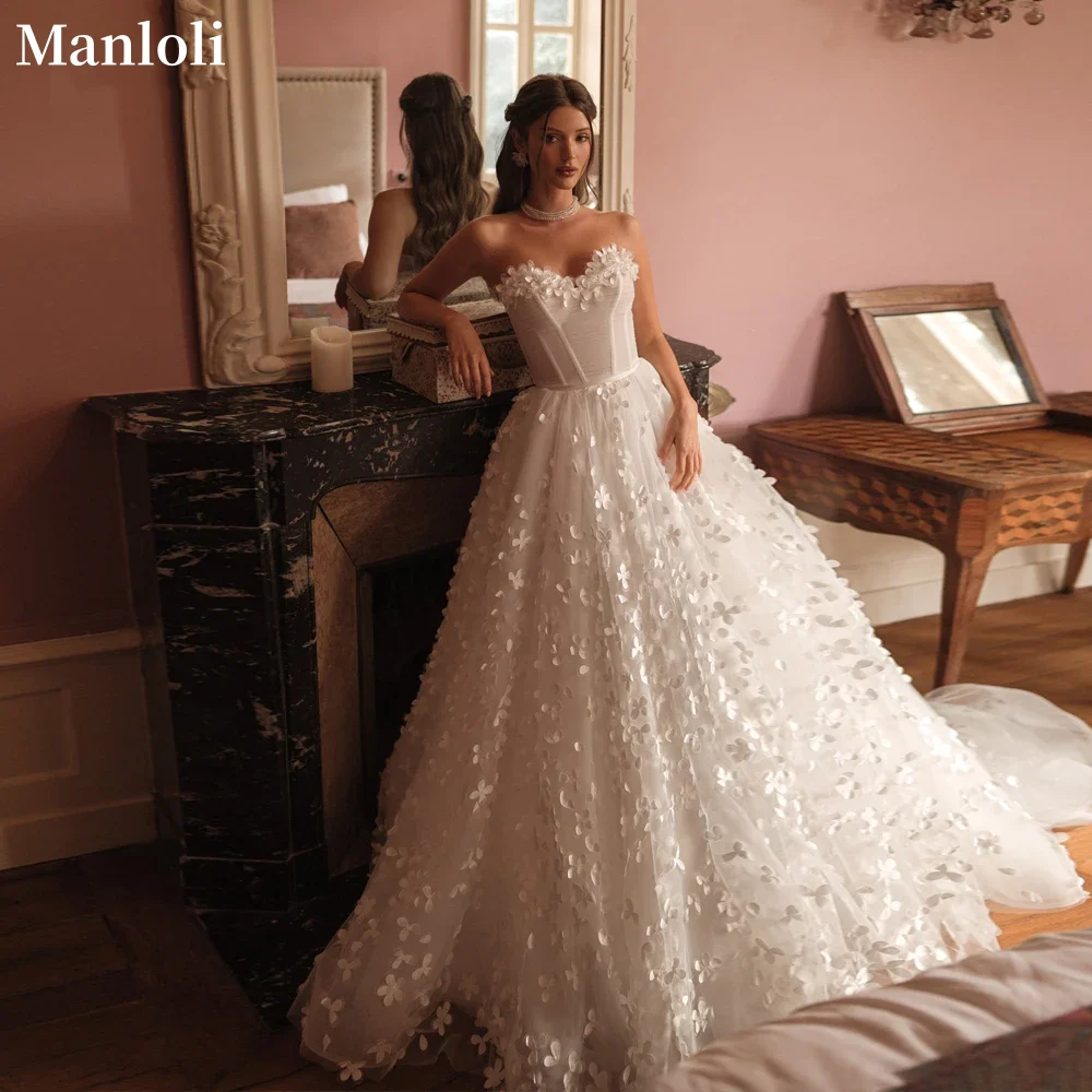 

Изысканное свадебное платье без бретелек в форме сердца, кружевное 3D цветочное винтажное свадебное платье принцессы, тюлевое свадебное платье трапециевидной формы по индивидуальному заказу