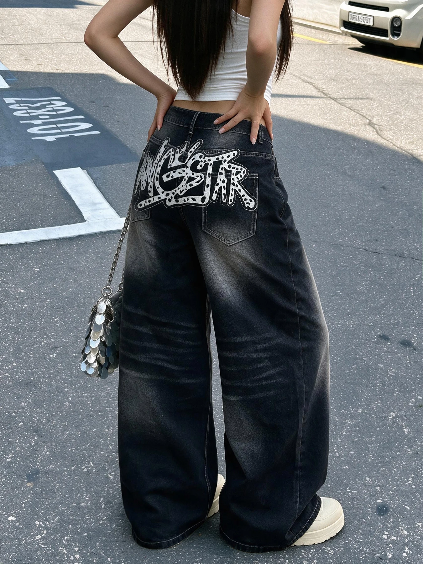 American Retro Letter Embroidery Washed Black Baggy Jeans Women Y2K Street Fashion Trendy Versatile High-Waist Spicy Wide-Leg Pants