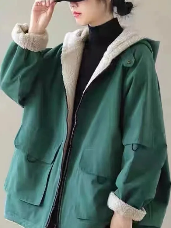 

Double-Sided Wear Lamb Fur Lined Thermal Cotton Workwear Jacket Pure Color Korean Style Loose Fit Zipper Closure Hooded Coat