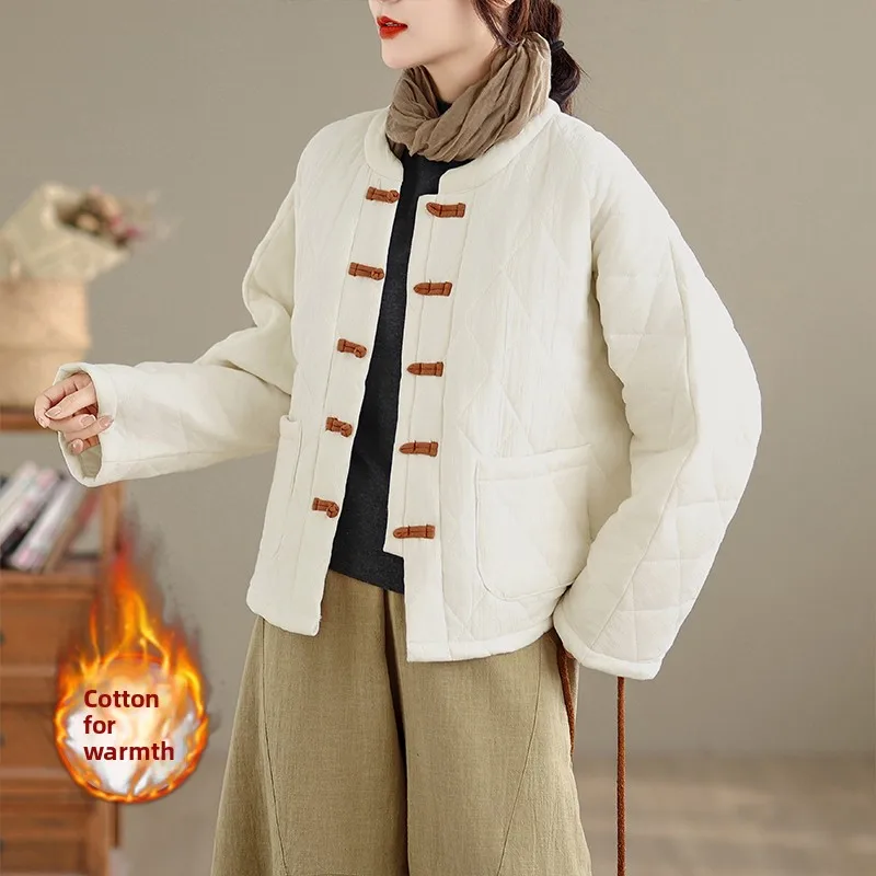 

Retro Cotton Jaet Women's Tai Chi Meditation Button up Artistic Personali Sle Thiened Long Sve Casual Coat