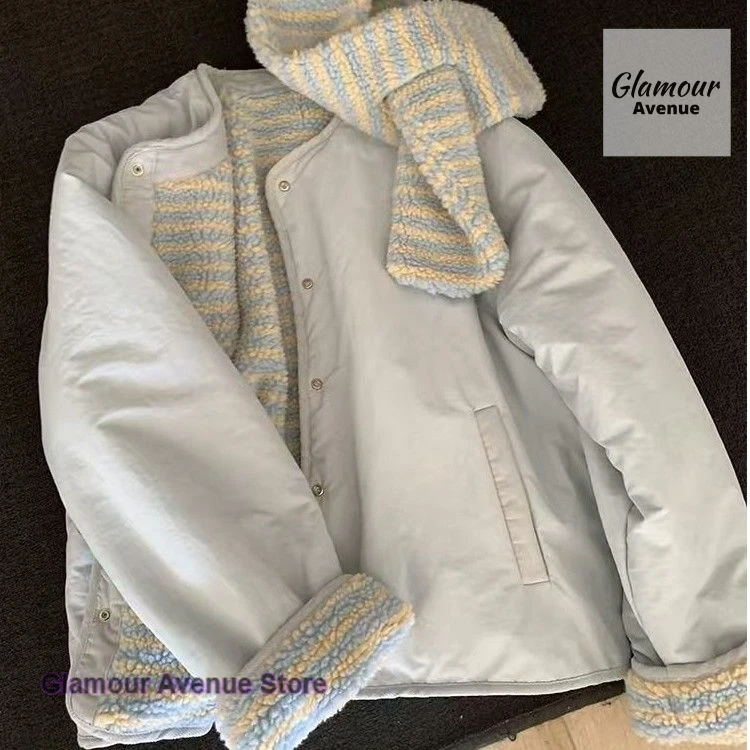 Korean sweet double-sided wear polar fleece cotton-padded jacket coat women's autumn and winter new scarf thickened Joker top.