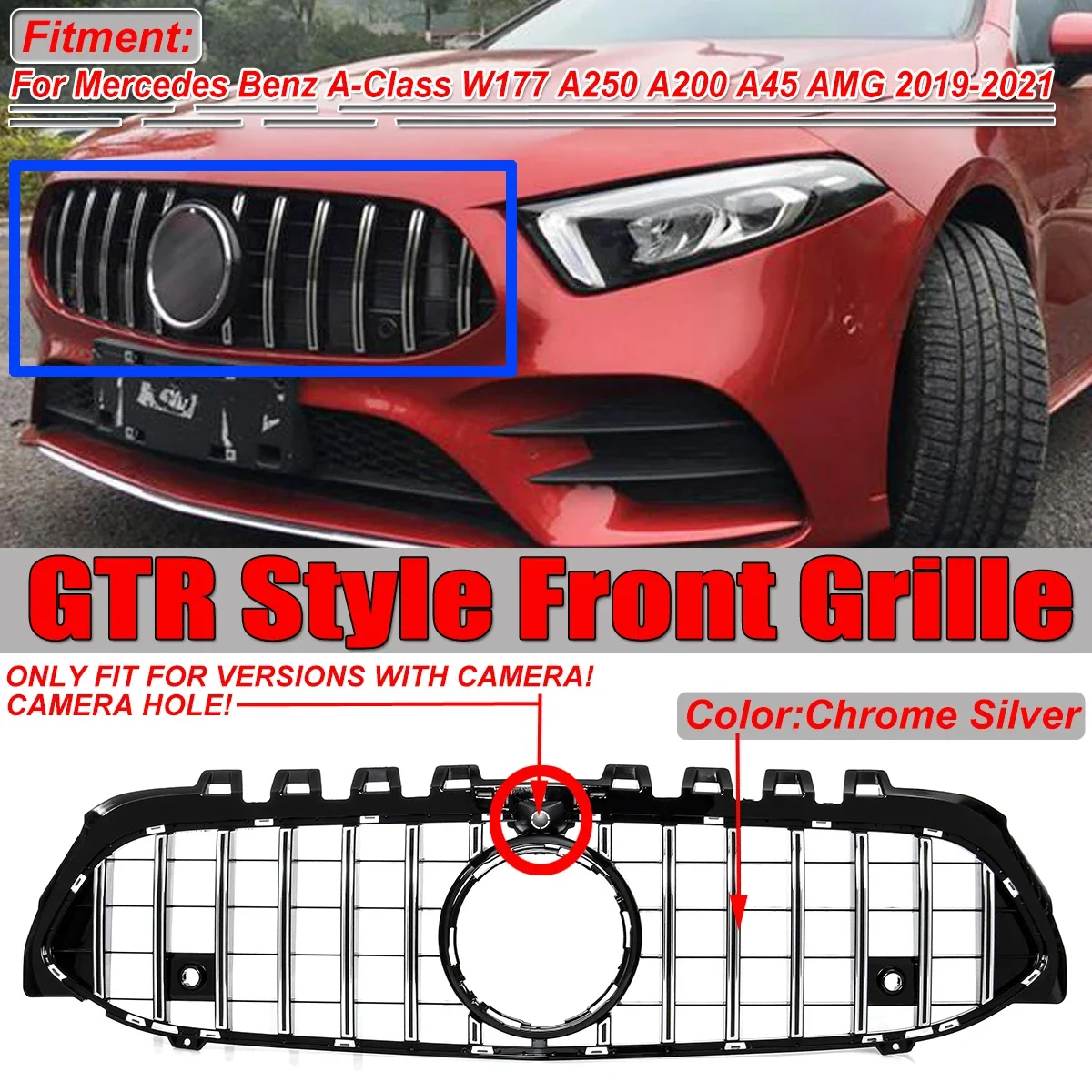 

W177 GT Style For AMG Car Front Bumper Grille Grill For Mercedes For Benz A-Class W177 A180 A200 A45 For AMG W/Camera 2019-2021