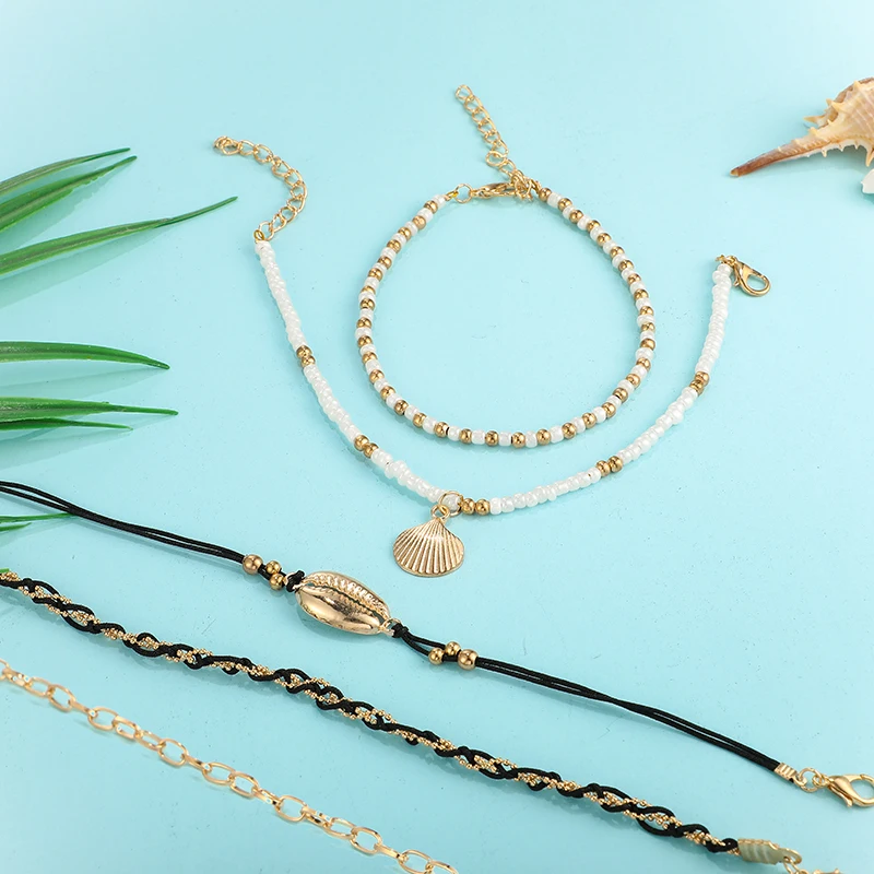 Tocona Bohemian Weave Shell Pendant Anklets for Women Colorful Bead Clear Crystal Stone Drop Foot Bracelet Summer Beach Jewelry