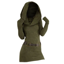 Slim Hooded Cowl Neck Knit Mini Dress Solid Color Long Sleeve Thumb Hole Belted Knitted Bodycon Long Top Robe