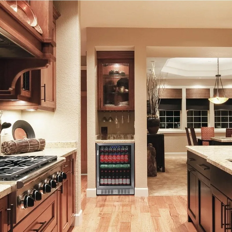 مبرد ثلاجة المشروبات بسعة 177 علبة - ثلاجة صغيرة من الفولاذ المقاوم للصدأ مع باب زجاجي بمفصلات قابلة للعكس