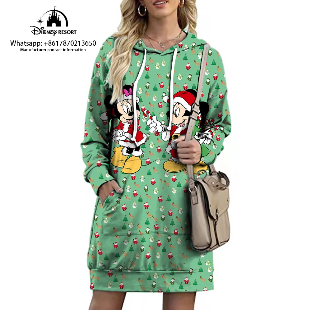 Christmas Disney Brand Mickey Minnie Cartoon Long Hoodie Autumn New Mini Sexy Dress Korean Fashion Elegant Ladies Party 2022