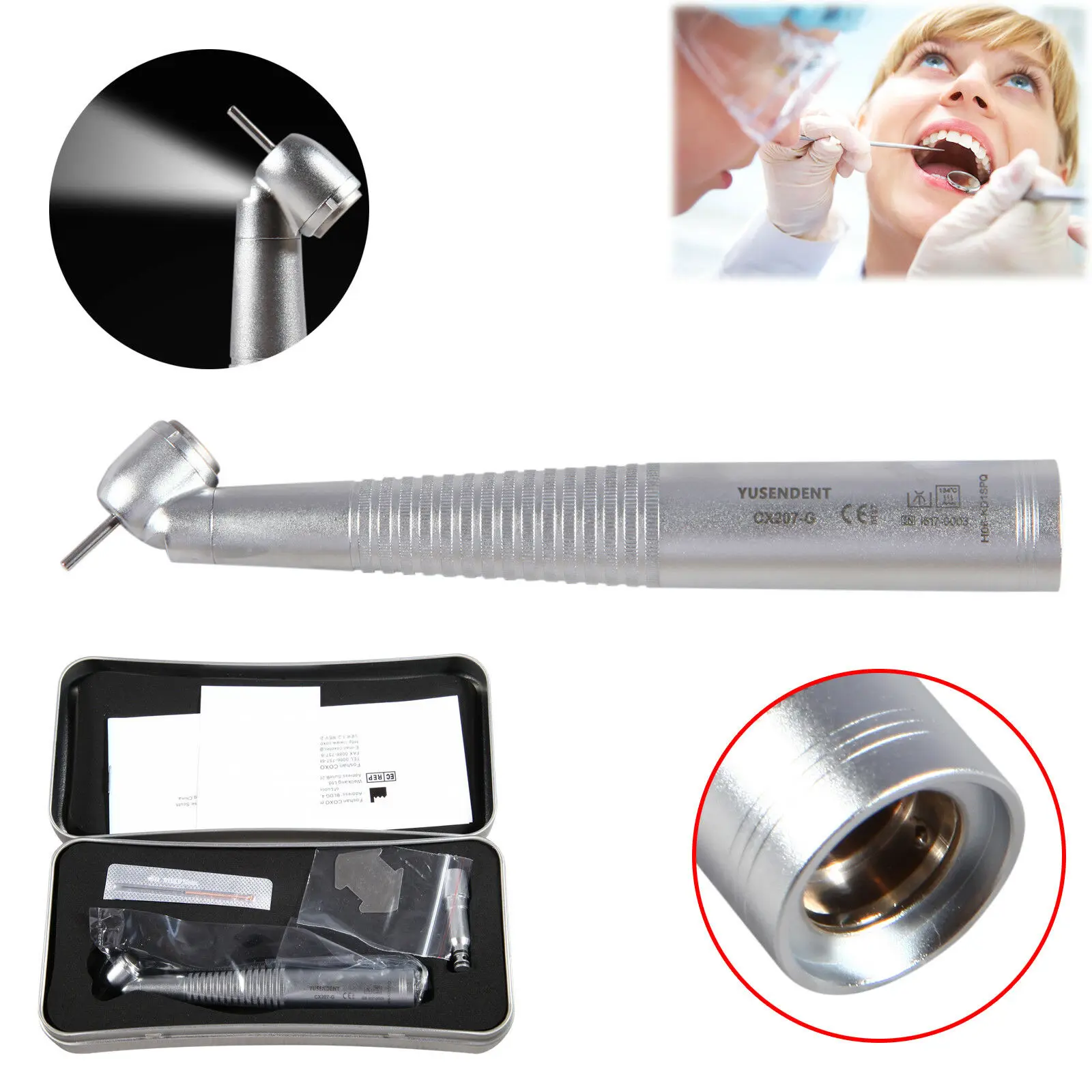 COXO Dental Fiber Optic LED High Speed Handpiece 45 Degree Fit 360 Degree Swivel 6Hole Quick Coupling CX207