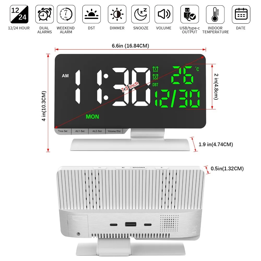 Multicolor Table Clock Large Screen Indoor Temperature Display Digital Desk Clock 12/24H Format Perpetual Calendar
