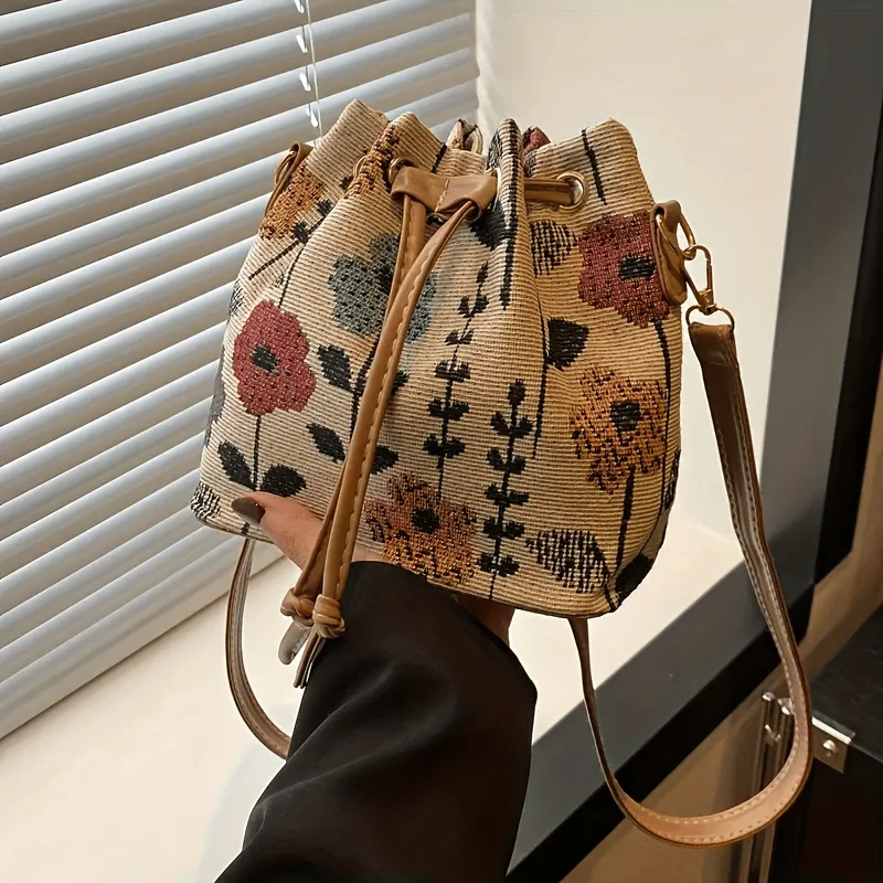 Women's Bucket Bag with Bright Flower Pattern and Adjustable Drawstring Messenger Bag, Suitable for Beach Tourism Parties