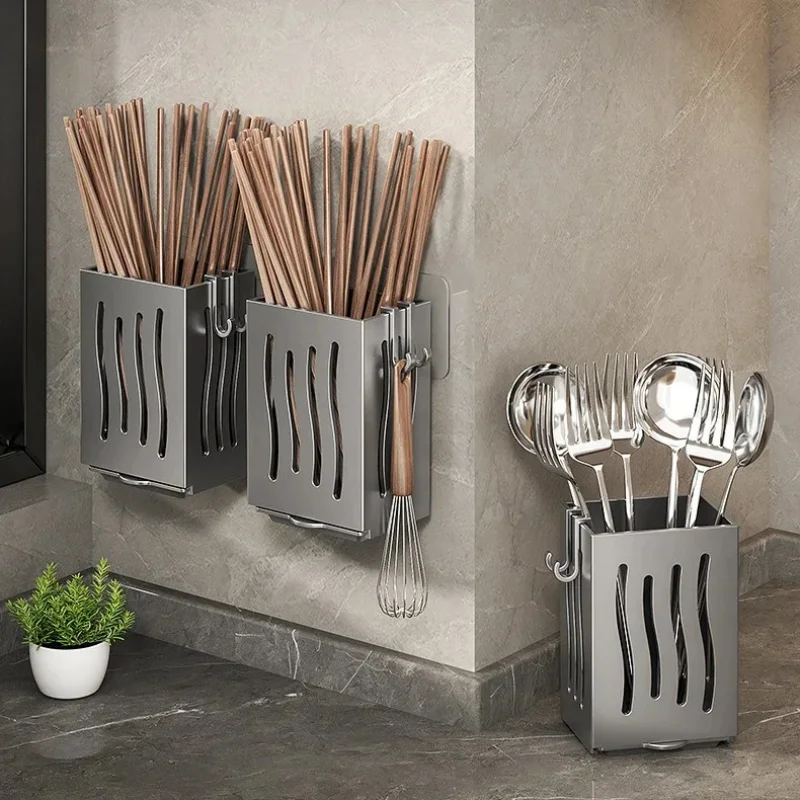 Portautensili da cucina da 1 pezzo, porta bacchette drenante multifunzionale, scatola portaposate da parete o indipendente in plastica