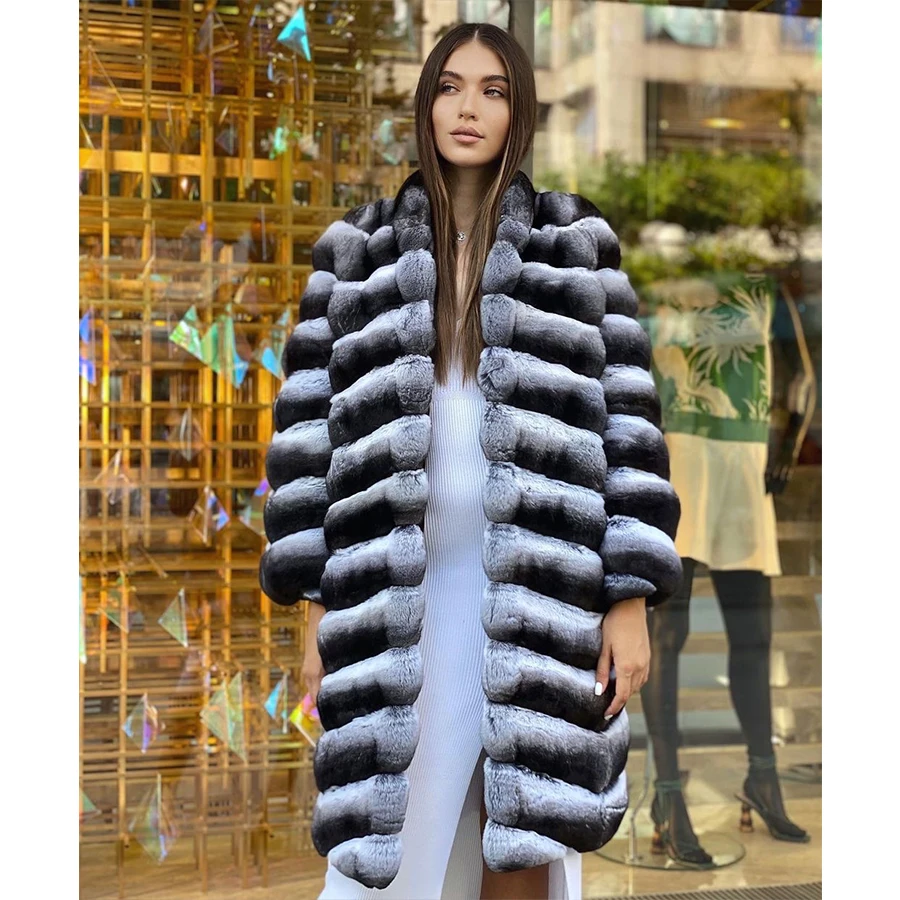 Casaco de pele real feminino pele de chinchila genuíno rex coelho casaco de pele melhor vendedor longo quente inverno outerwear