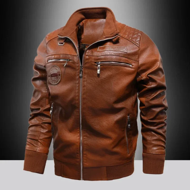 

Новая мужская кожаная куртка, флисовая кожаная куртка, мужская зимняя флисовая мужская байкерская куртка с воротником-стойкой, повседневная ветрозащитная облегающая куртка