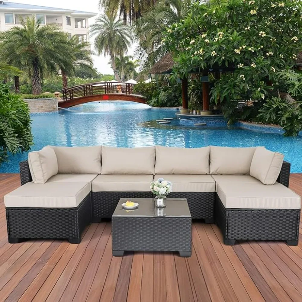 

7 Pieces Outdoor PE Wicker Furniture Set Patio Rattan Sectional Conversation Sofa Set with Khaki Cushions and Glass Top Table