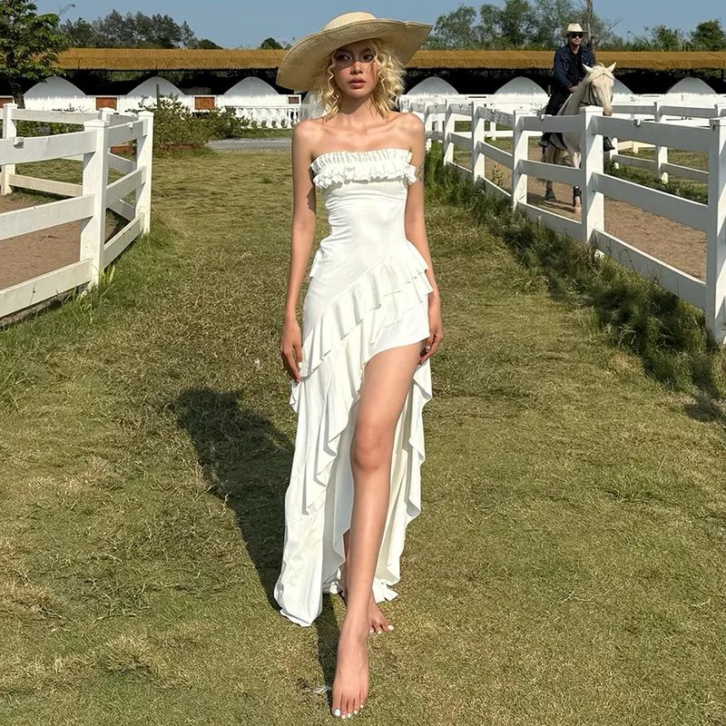 European and American Summer New Desire Irregular Waist-Cinching Strapless Backless Lace Dress Women