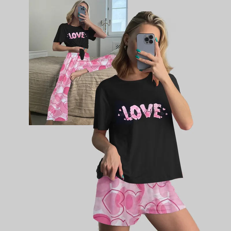 Ladies Three-Piece Pajamas Women Spring And Autumn Summer Home Leisure Short-Sleeved Trousers Printed Ladies Pajamas Homewear