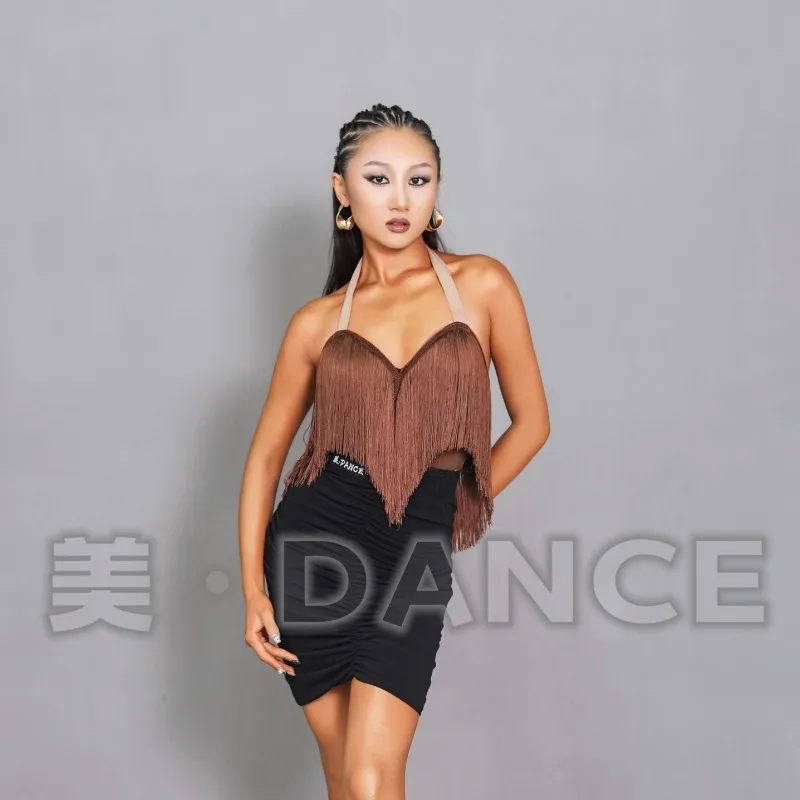 Customized Latin Dance Skirt Women's Adult Practice Dress Performance Dress Strap Tassel Top Folded Hip Wrapping Half Skirt Set
